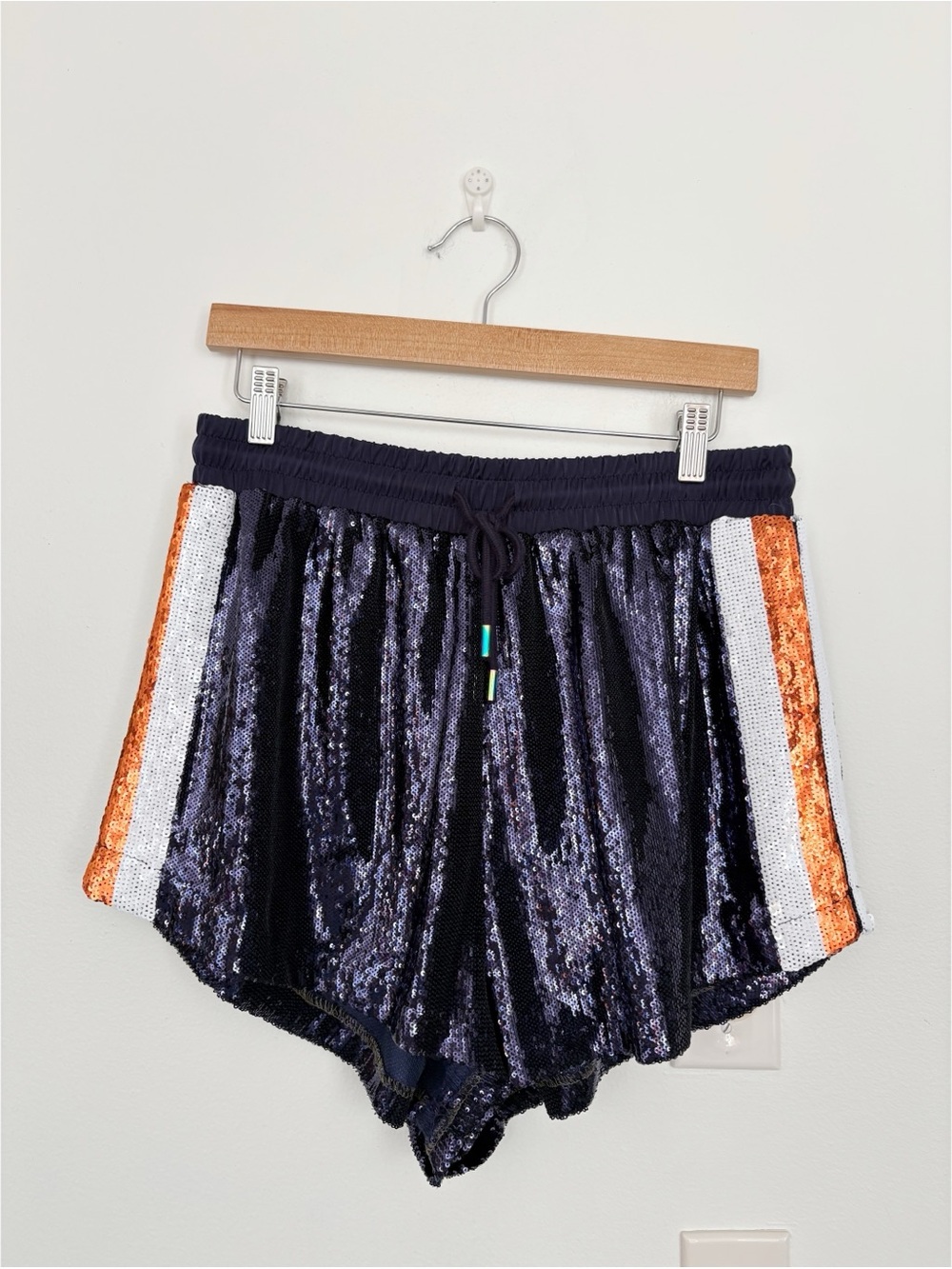 Queen of Sparkles || Full Sequin Side Stripe Shorts Tailgate Navy Orange Large